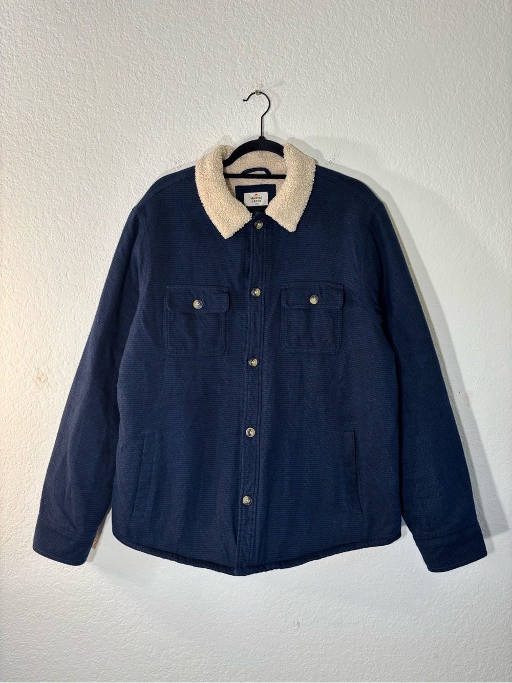 Marine Layer Sherpa Lined Camping Shirt Jacket Size Large Navy Cotton Fleece - Picture 7 of 15